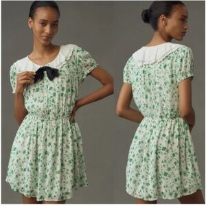 Maeve Green Floral Dress with collar and bow accent